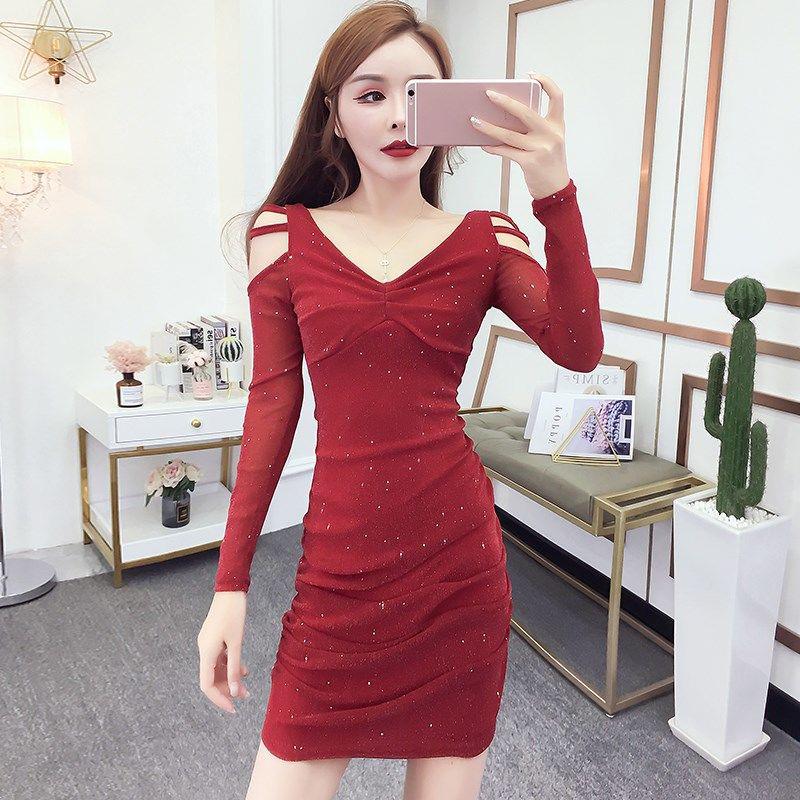 Nightclub Bag Hip Sexy Dress Autumn and Winter Mid-length V-neck Sweater