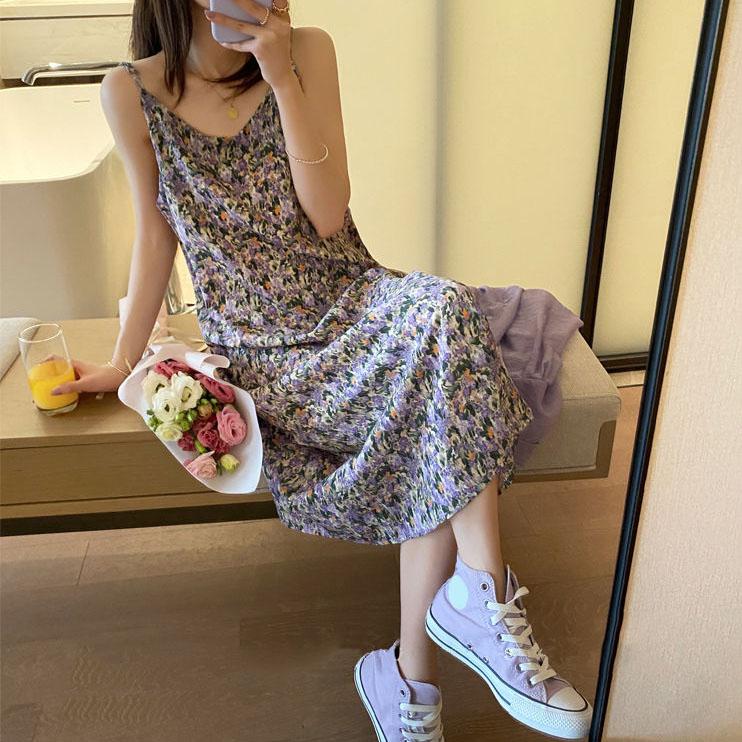 Female Simple Elegant One Piece Suspender Slim Dress Floral Loose Vintage V-neck Graceful Holiday Dress