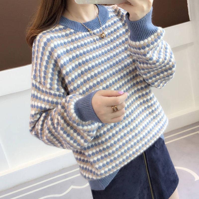 Winter striped sweater contrast women's Crew neck pullover loose  Plus Size  loose Knit Sweater warm