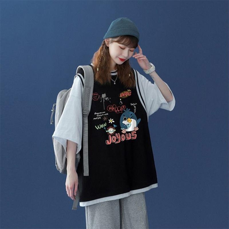 Sportswear Casual Short-sleeved Fake Two-piece T-shirt Women's Unisex Summer Loose Design Small Trendy Tops