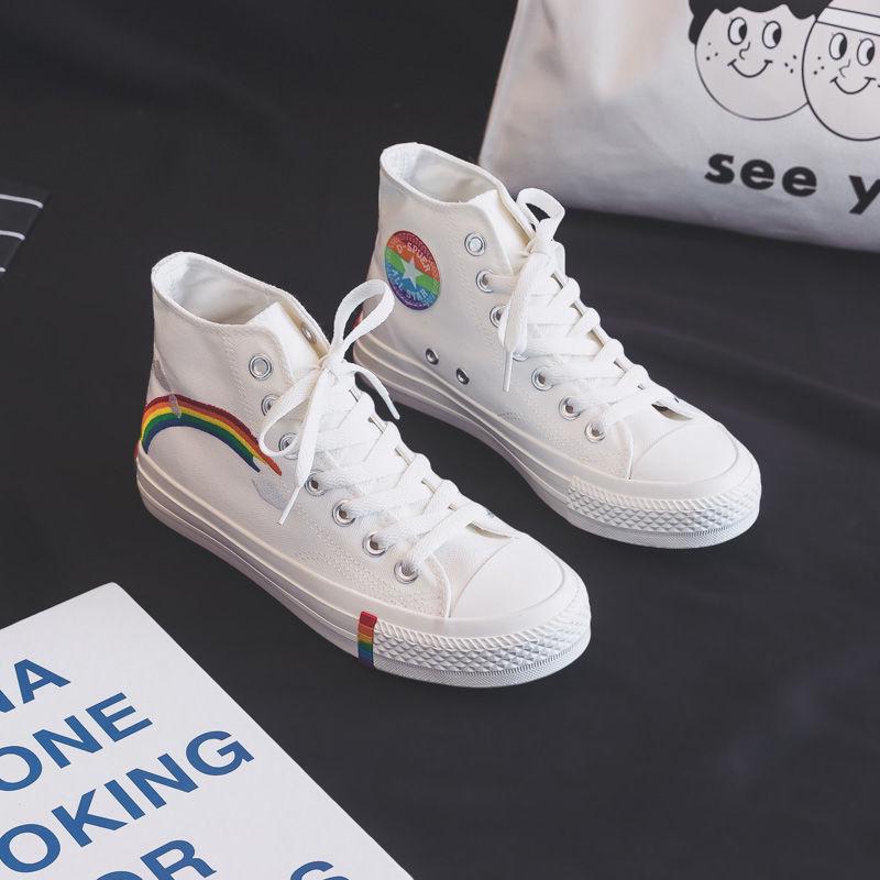 Women's Fashion 2020 Vulcanized Shoes Woman Sneakers New Rainbow Retro Canvas Shoes Flat Fashion Comfortable High Shoes Women