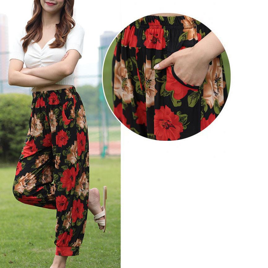 Women's Spring and Summer Plus Size Printing Long Pants Female Elastic Waist Loose Casual Thin Trousers