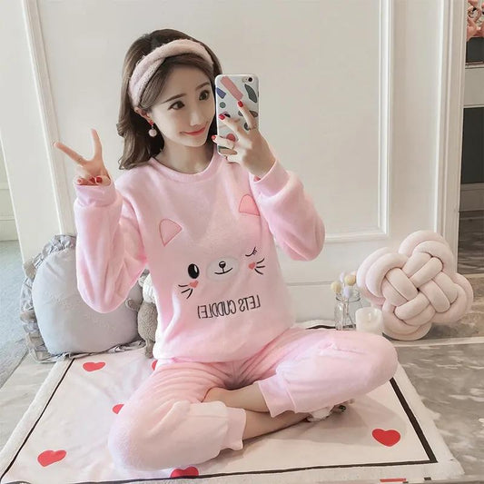 Women's Coral Fleece Pajamas Set Thickened Warm Cute Cartoon Long-sleeves Flannel House Wear Suit Comfortable Loose Sleepwear