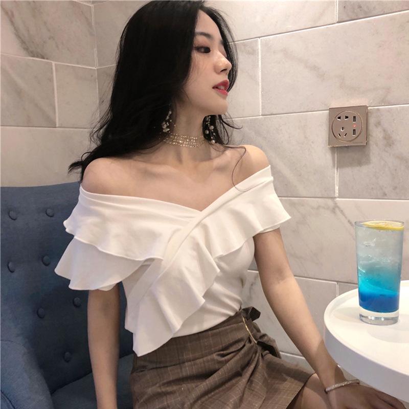 V-neck Top T-shirt Ruffled Comfortable Shirt Summer Korean Version Off Shoulder All-match Short-sleeved Tops Slim Thin Tops Women's Clothing