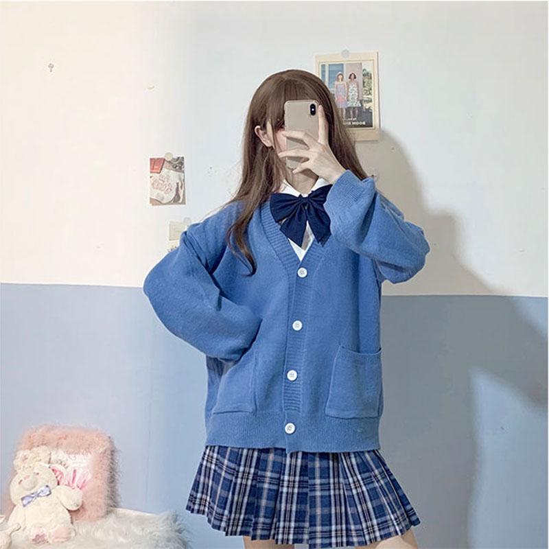 Homemade core-spun yarn v-neck JK uniform with sweater coat knitted cardigan loose lantern sleeve female autumn