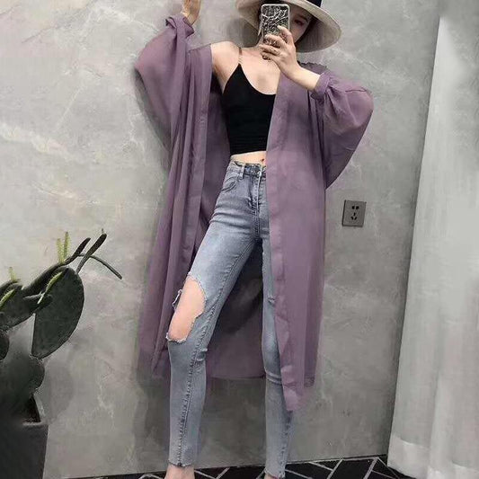 Ladies Long Loose Casual JacketLong Chiffon Cardigan Cardigan Sunscreen Clothing Mid-Long Thin Shawl Jacket Ladies Loose Jacket