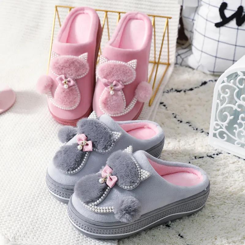 Winter Women's High-heeled Thick-soled Home Cotton Slippers Anti-slip Plush Slippers Confinement Shoes