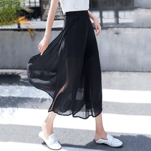 WTEMPO Ruffle Chiffon Skirt-like Wide-leg Pants Women Loose High Waist Ankle-Length Pants Trousers Cool and Breathable