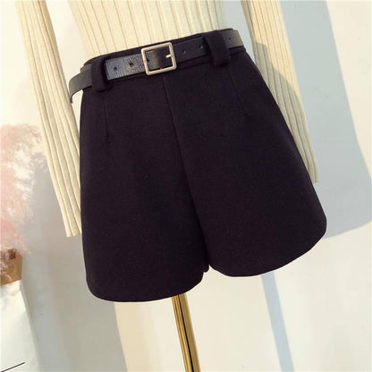 Woolen Shorts Ladies Autumn Winter Short Pants Korean Wide Leg Loose Retro Pants with Circle