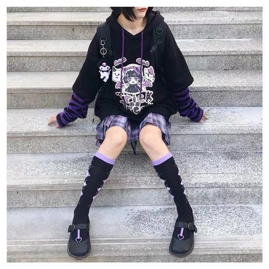 Japanese Warm Fake Two-piece Plus Velvet Sports Hoodie Sweet and Cute Striped Sweater Oversized Loose Pullover