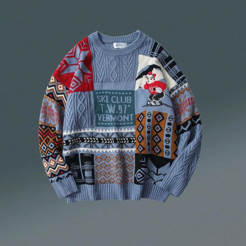 Christmas Sweater Retro Bear Sweater Men's Thick Lazy Style Loose Blouse Suitable for Couples Woolen Clothes