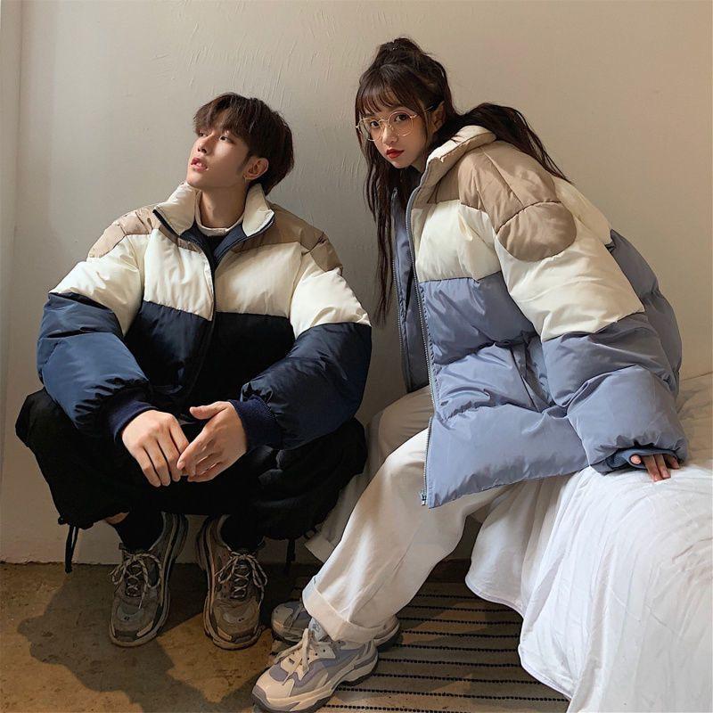 Blue Couple Bread Clothes for Men and Women In Winter Padded Jacket Thickened Student Casual Loose Trend Coat Down Jacket Solid Color Top