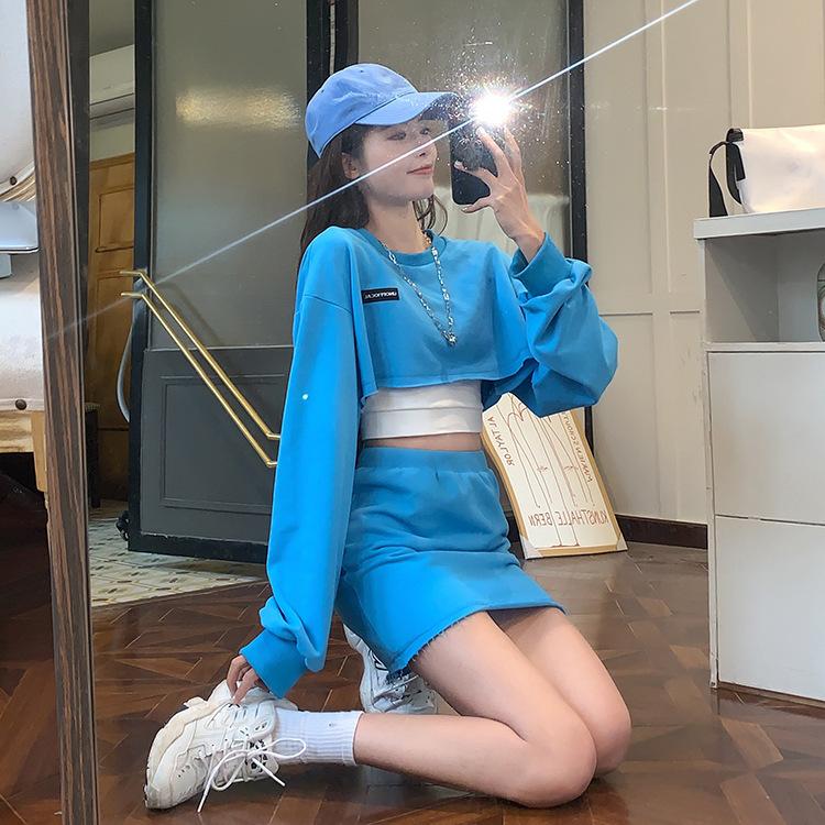 2PCS Personality Short Suit Letter Casual Sports Style Athletic Girl Long Sleeve Ultra Short Sweater Women + Hip Skirt Two-piece Set