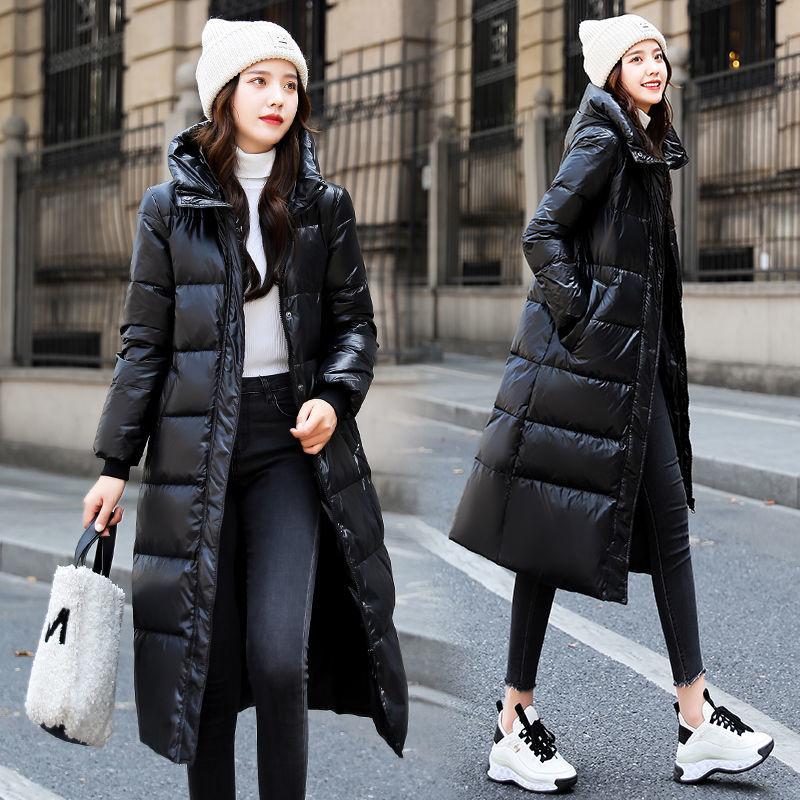 Fashion Ladies Down Hooded Cotton Jacket Winter Plush Thickening Warm Cotton Jacket Large Size Super Long Slim Jacket