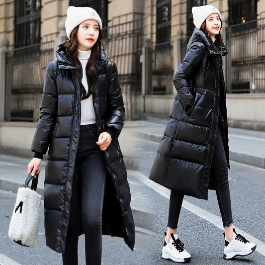 Fashion Ladies Down Hooded Cotton Jacket Winter Plush Thickening Warm Cotton Jacket Large Size Super Long Slim Jacket