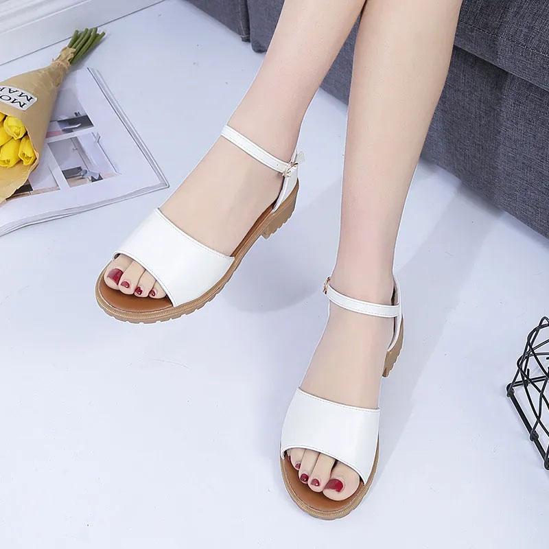 Women's Summer One Word Buckle Flat Roman Sandals Korean Version Thick Heel Fish Mouth Sandal Wear-resistant Non-slip Bottom Solid Color