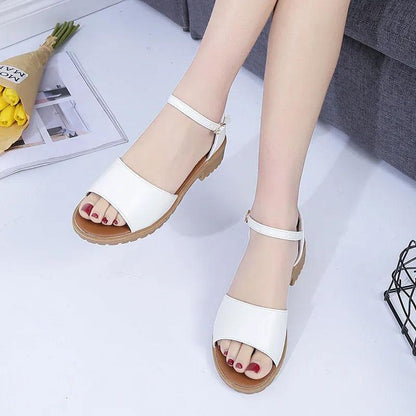 Women's Summer One Word Buckle Flat Roman Sandals Korean Version Thick Heel Fish Mouth Sandal Wear-resistant Non-slip Bottom Solid Color