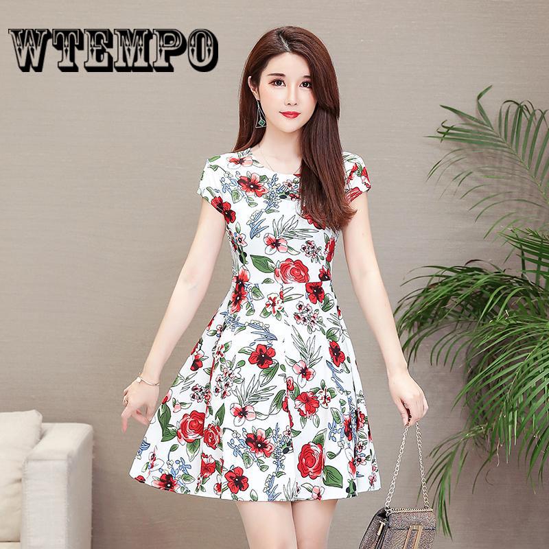 Women A-line Floral Print Midi Slim Elegant Party Vintage Dress Belt