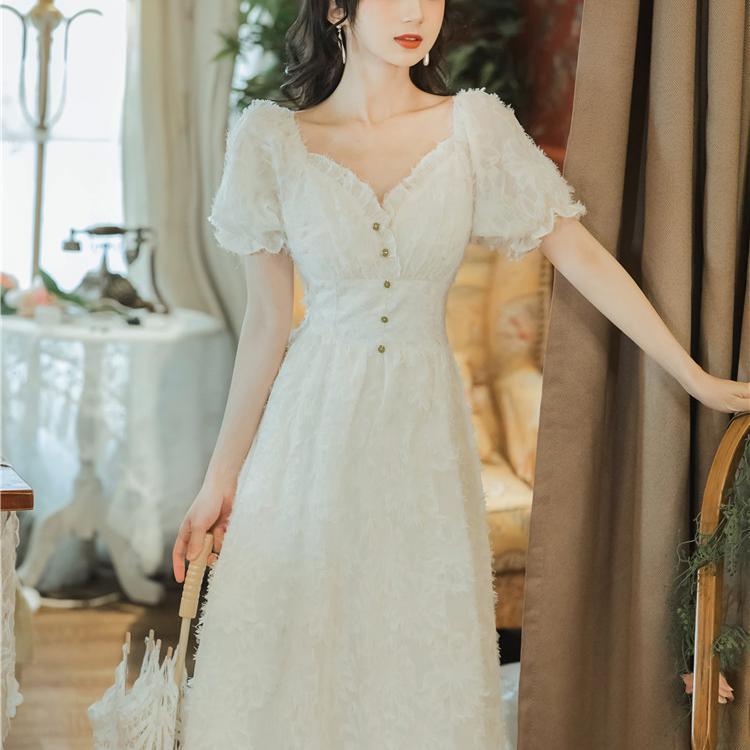 Women Summer Vintage High Waist Super Fairy Holiday Dress Elegant Slim Puff Sleeve Little Fresh Party Long Dress