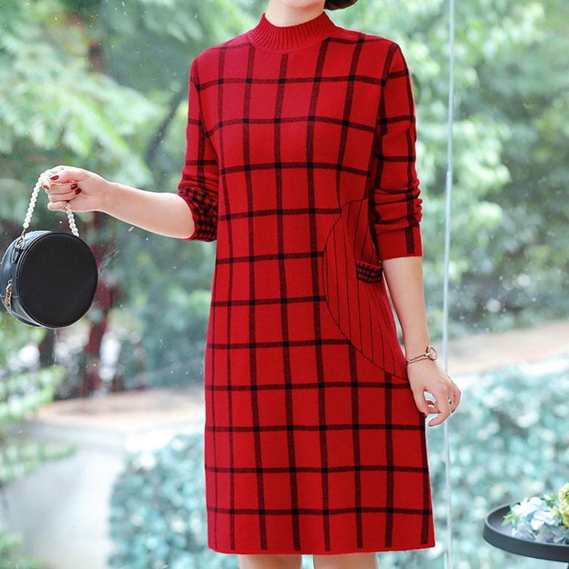 Autumn and Winter Half High Neck Knitted Dress Mid-length Casual Slimming Bottoming Skirt Checkered Pattern Middle-aged Women Sweater Dress