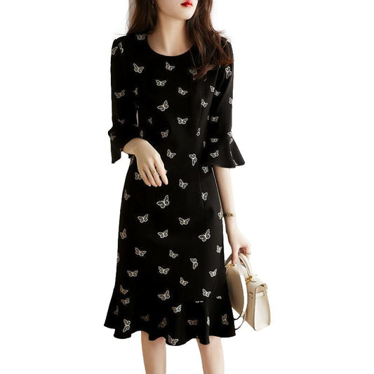 Ladies Butterfly Print Ruffle Sashes A Line Dress Women Fashion Back Keyhole O Neck Long Sleeves Spring Autumn Dresses