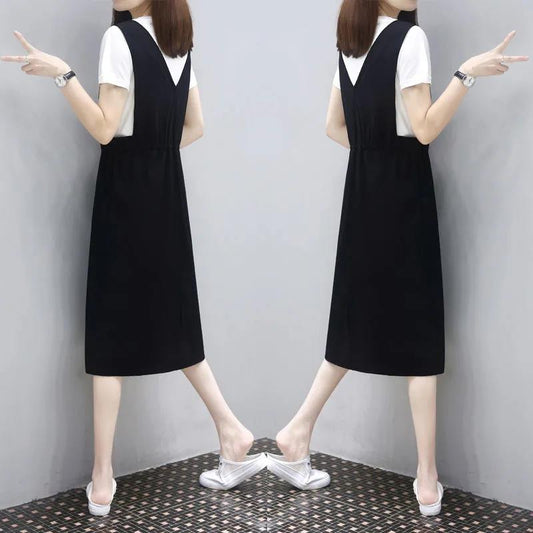 Cotton Top Dress Female Mid-length Suspender Skirt Suit Loose and Thin Two-piece Round Neck Short-sleeved T-shirt + Suspender Skirt