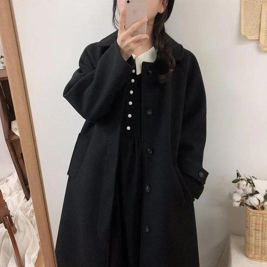 Women's Woolen Coat Korean Retro Padded Over-the-knee Coat Autumn and Winter Mid-length Woolen Coat