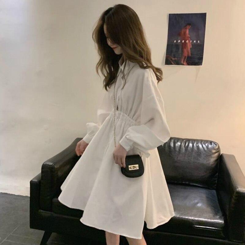 Woman Dress Long Sleeve Turn-down Collar Solid Sweet Elastic Waist Simple Elegant Pleated Streetwear