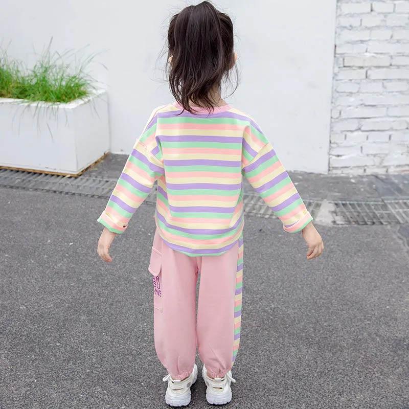 Girls Spring and Autumn Clothes Comfortable Loose Long Sleeves + Casual Pants Suits Girls Baby Color Stripes Cute Two-piece Set