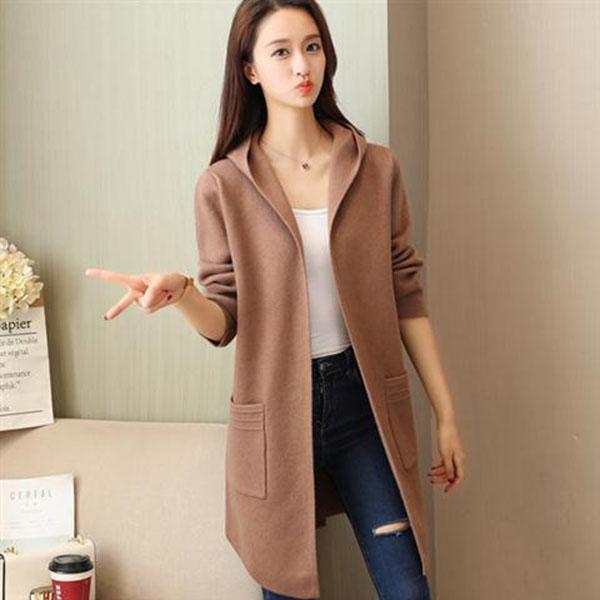 Autumn and Winter Hooded Knitted Jacket Temperament Loose Thick Coat Mid-length All-match Cardigan Female Jacket