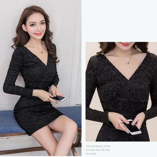 Autumn and Winter Knitted Long-sleeved Bottoming Skirt V-neck Temperament Sexy Dress Was Thinner Buttocks Female Sweater Skirt