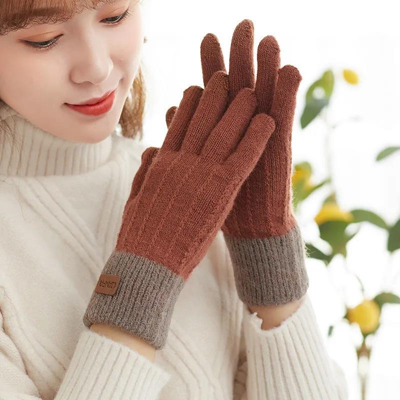 Women's Winter Plus Velvet Padded Gloves Touch Screen Korean Style Riding Warm Knitted Woolen Full Fingers Gloves Soft Thermal Windproof Mittens