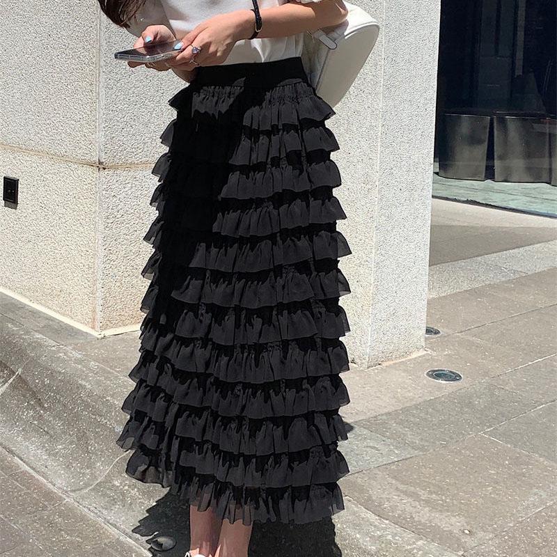 Women Tiered Skirts Summer Elegant Chiffon A-line Layered Skirt Female Elastic High Waist Preppy Style Dancing Long Skirts