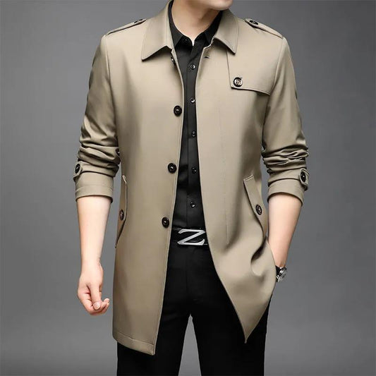 Men Silk Business Suit Lapel Button Top Casual Comfortable Coat Solid Color Parka Long