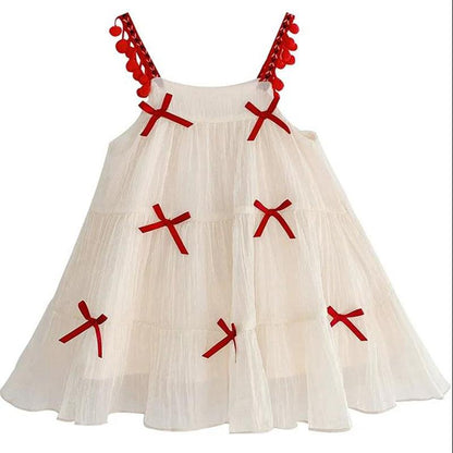 Girls Summer Dress Sling Dress Girl Baby Sweet Princess Skirt Little Girl Children's Fairy Skirt Red Bow A-line Skirt Mesh Skirt