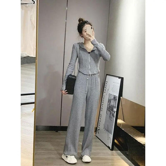 2PCS Women's Casual Sports Suit Long-sleeved Knitted Zipper Cardigan + Wide-leg Pants Two-piece Suit Ladies Slimming Fitness Suit Athletic Clothing