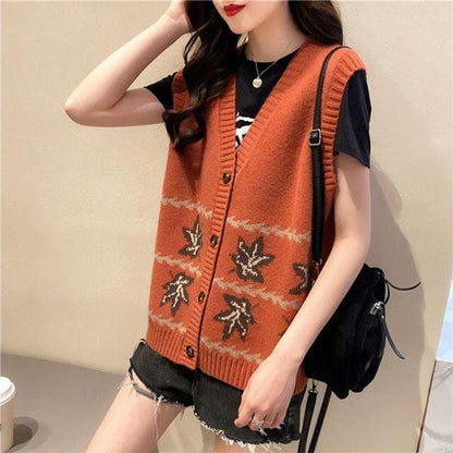 Spring and Autumn Fashion Knitted Vest Cardigan Loose and Versatile Tops Fashion Jacquard Women Sweater