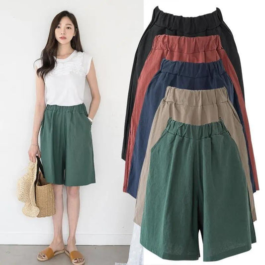 100% Cotton Five-point Pants Women Summer Casual Shorts Loose Large Size Wide Leg Pants Solid Color High Waist Short Pants All Match Elastic Shorts