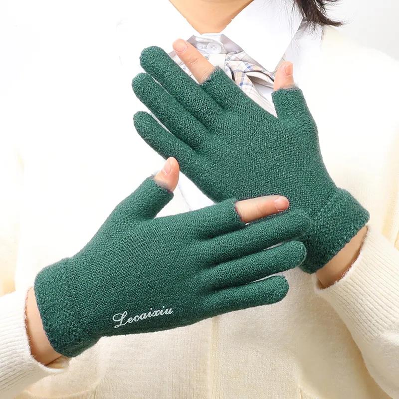 Women's Winter Touch Screen Gloves Warm Velvet Thick Half-finger Mittens Wool Non-slip Show Two-finger Office Driving Gloves Solid Knitting Gloves