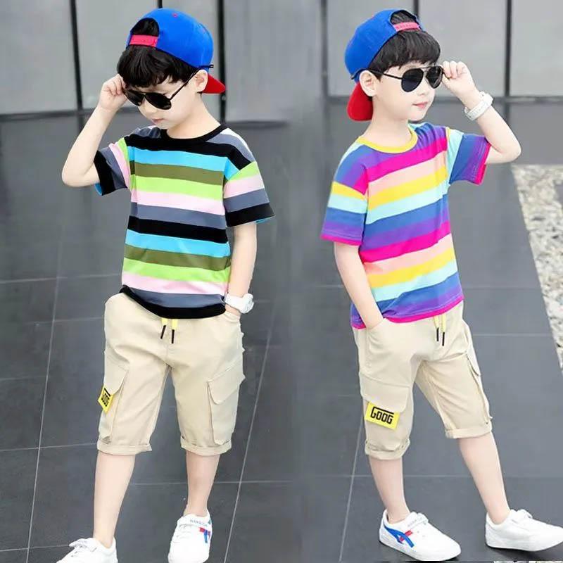 Boys Striped Color Contrast Design Short-sleeved Comfortable Breathable Five-point Pants Suit Summer Cotton Sweat-absorbing Soft Two-piece Suit