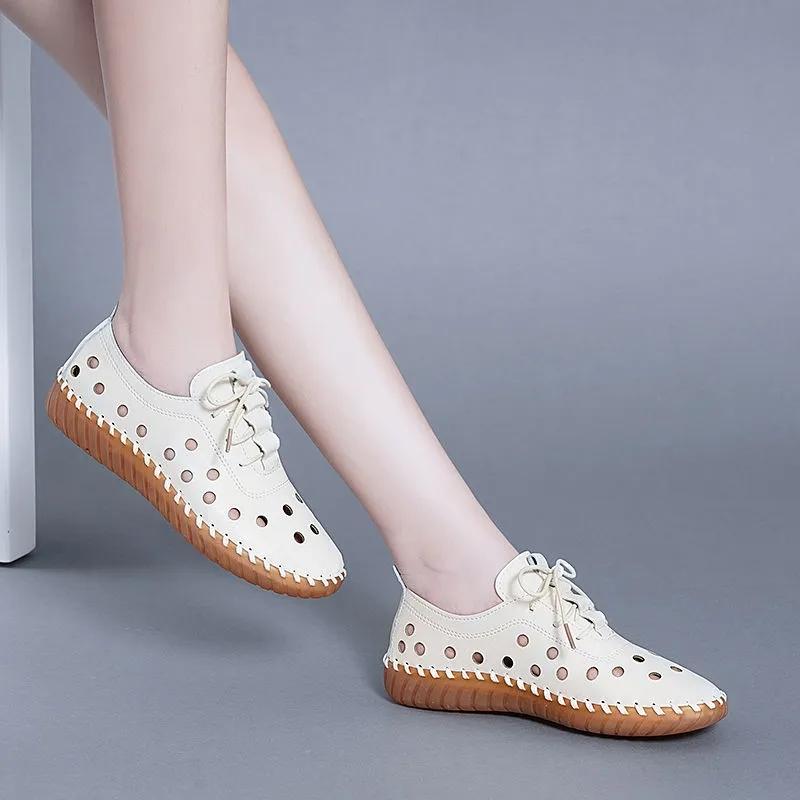 Women's Summer Soft Leather Hollow Shoes Hole Shoes Tendon Bottom Sandals Flat Casual Shoes Soft Bottom Comfortable Mother Shoes