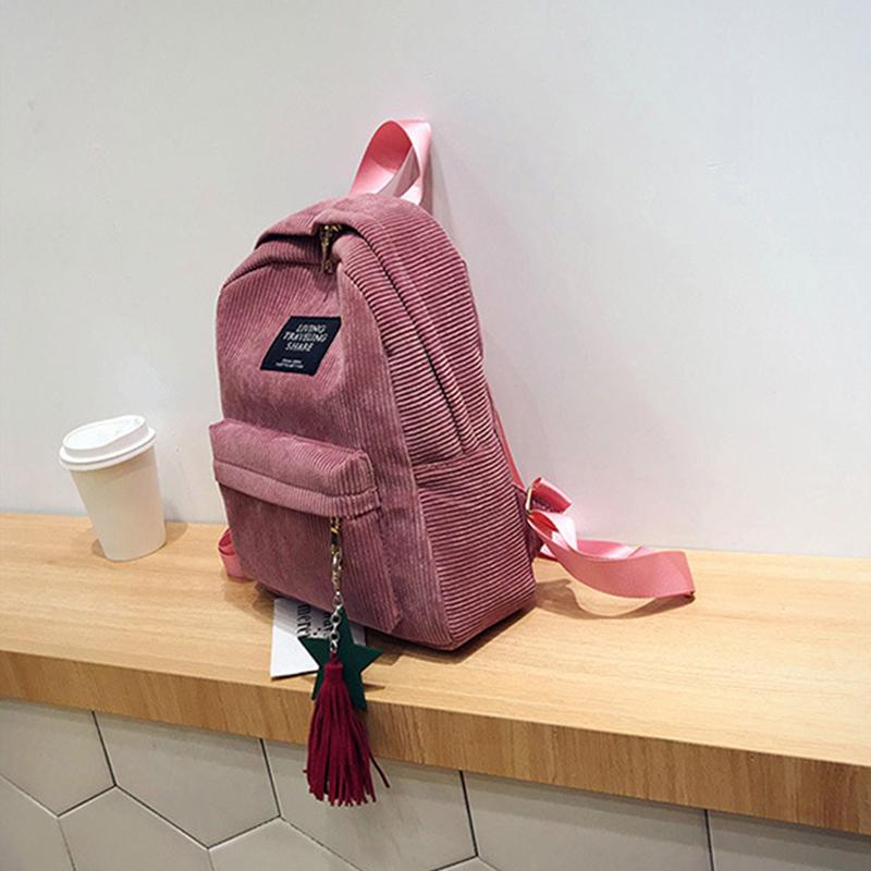 Corduroy Backpack for Women Cute Tassel Student School Bag Casual Knapsack