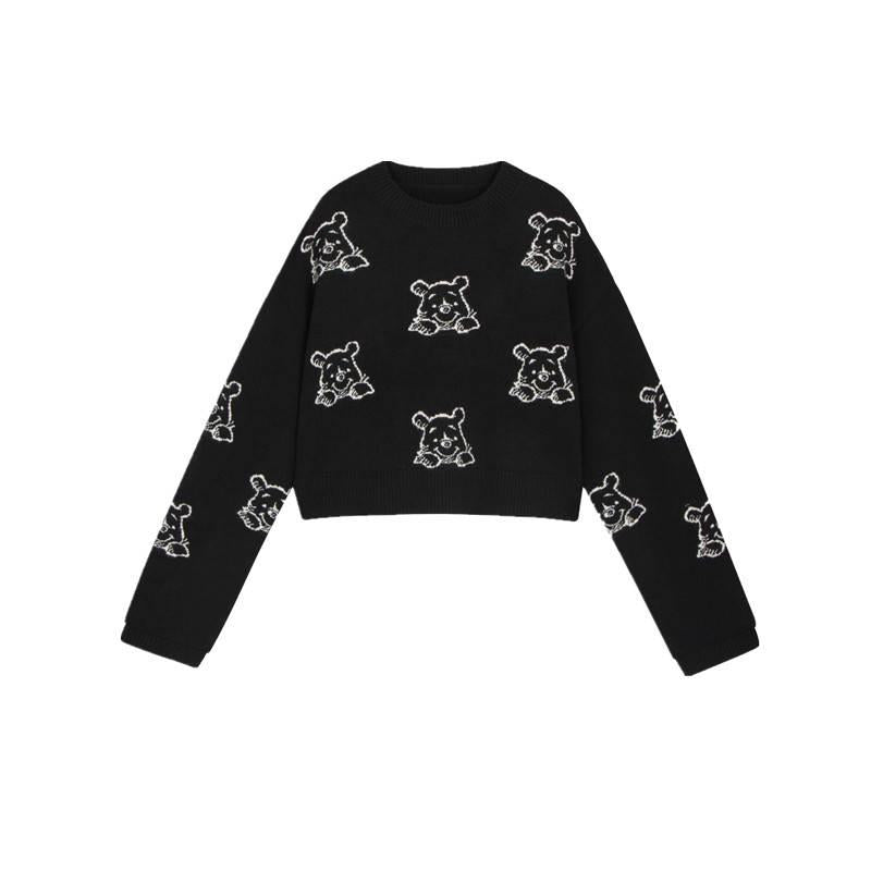 Yarn Knitted Sweater Women Fall Korean Style Cartoon Winnie The Pooh Pullover Black Knitwear