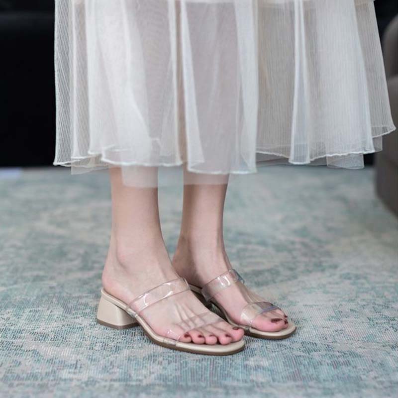 Transparent Sandals and Slippers Women's Summer Middle Heel One-word Sandals Thick Heel Temperament Non-slip Wear-resistant Slippers Simple Flip Flops