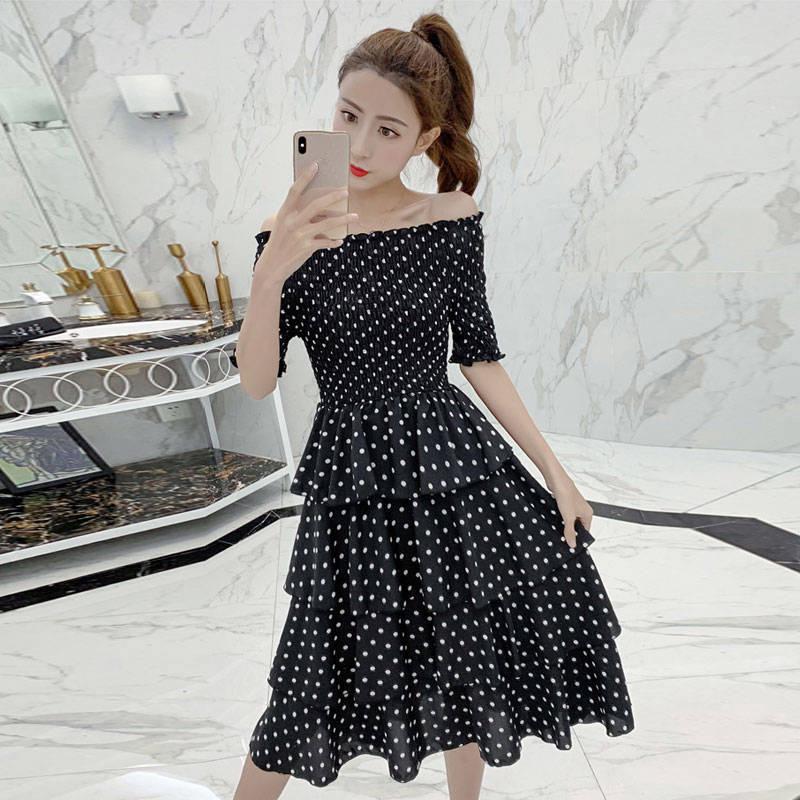 Plus Size Polka Dot Layered Dress Slash Neck Off-shoulder Party Evening Dress Summer