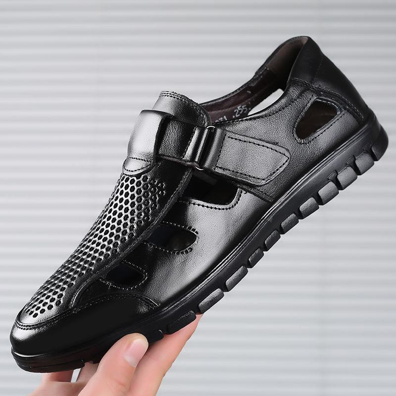 Men's Leather Sandals Summer Breathable Leather Shoes Middle-aged and Elderly Soft Bottom Hole Shoes Hollow Light and Breathable