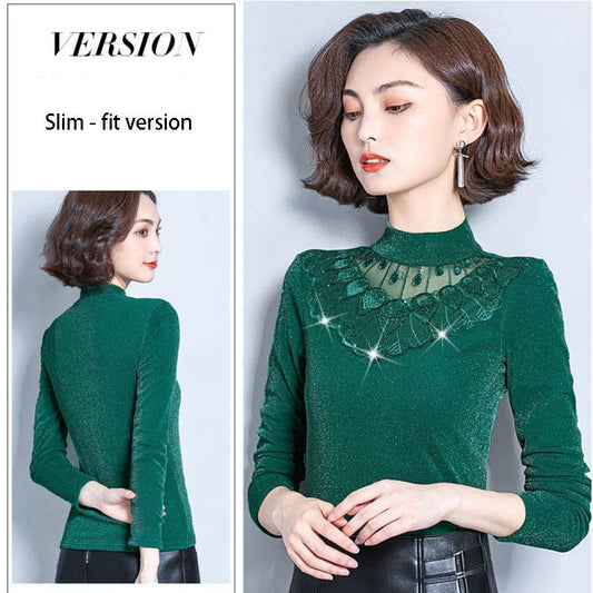 Women Autumn Winter Plus Velvet  Lace Thick Pullover Tight Sexy Bottoming Sweaters Long Sleeve