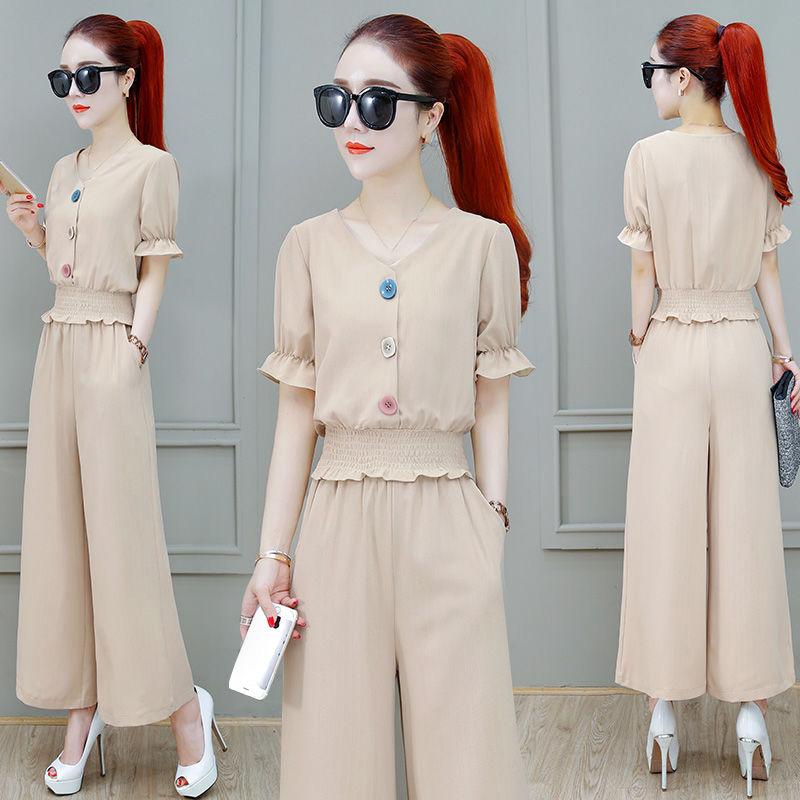 Wide-leg Pants Suit Chiffon Summer Casual Work Wear Loose Suit Women Short Top Loose Wide-leg Pants Fabric Light and Breathable