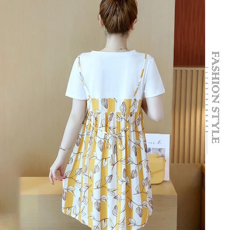 Loose Mid-length Ladies Dress Round Neck Short-sleeved Loose Skirt Casual Skirt Ladies Hanging Wide Loose Dress Sweet and Cute Fabric Soft