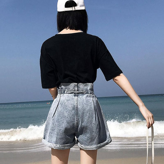 WTEMPO Zipper Drawstring Bow High Waist Denim Shorts Women Wide Leg A-line Thin Curled Bottom Casual Shorts